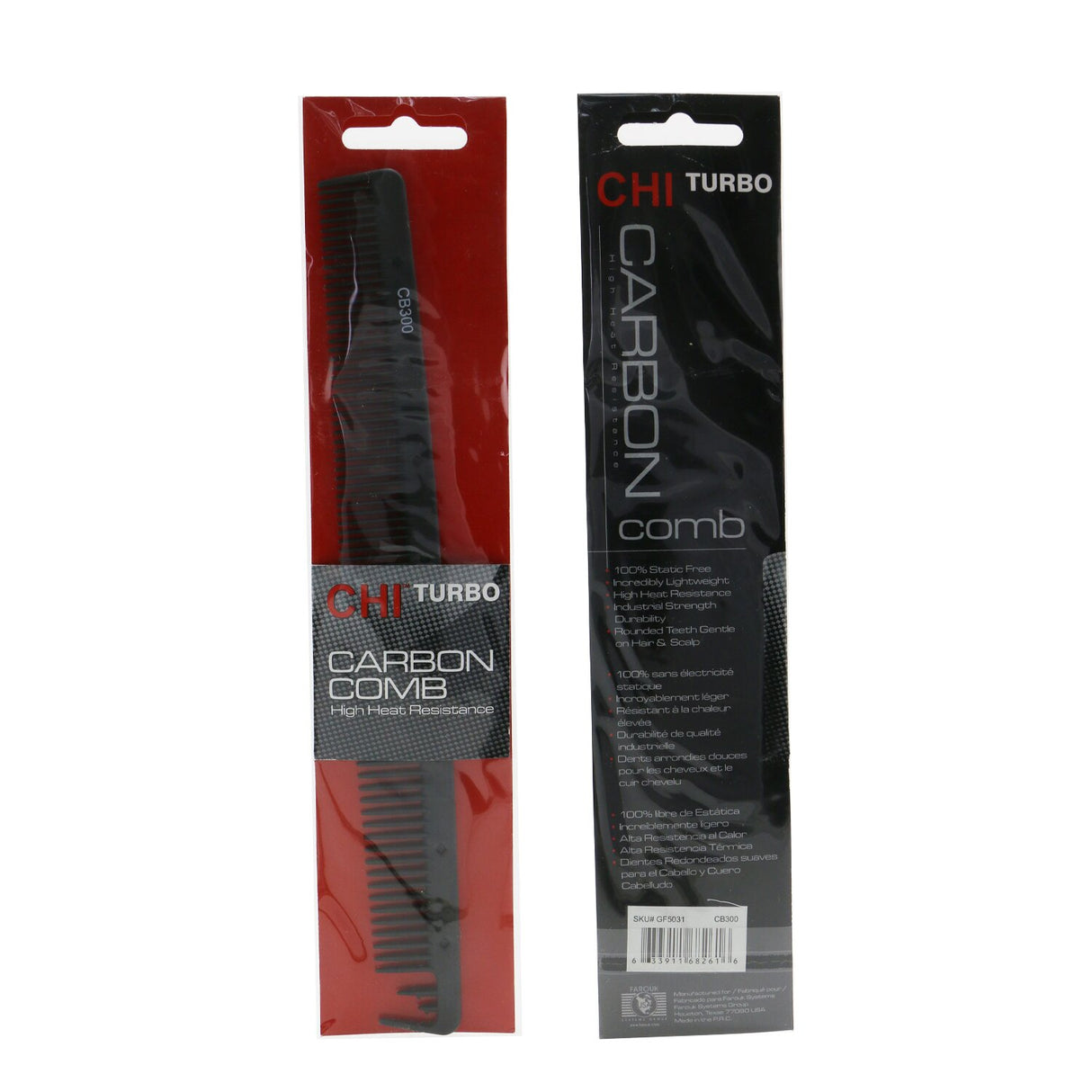 CHI Turbo Carbon Dual Comb - CB300, a lightweight, static-free comb with rounded teeth for gentle detangling and styling.