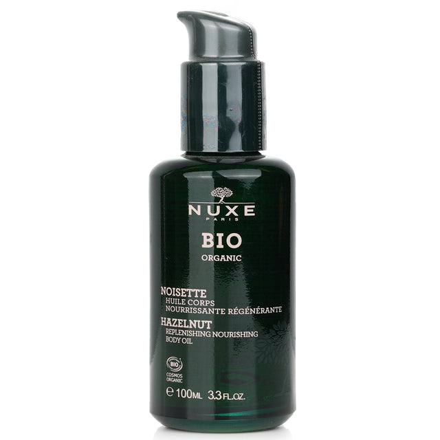 Luxurious Nuxe Bio Organic Hazelnut Body Oil in a 100ml bottle, perfect for deep hydration and massage with a delightful orange blossom scent.