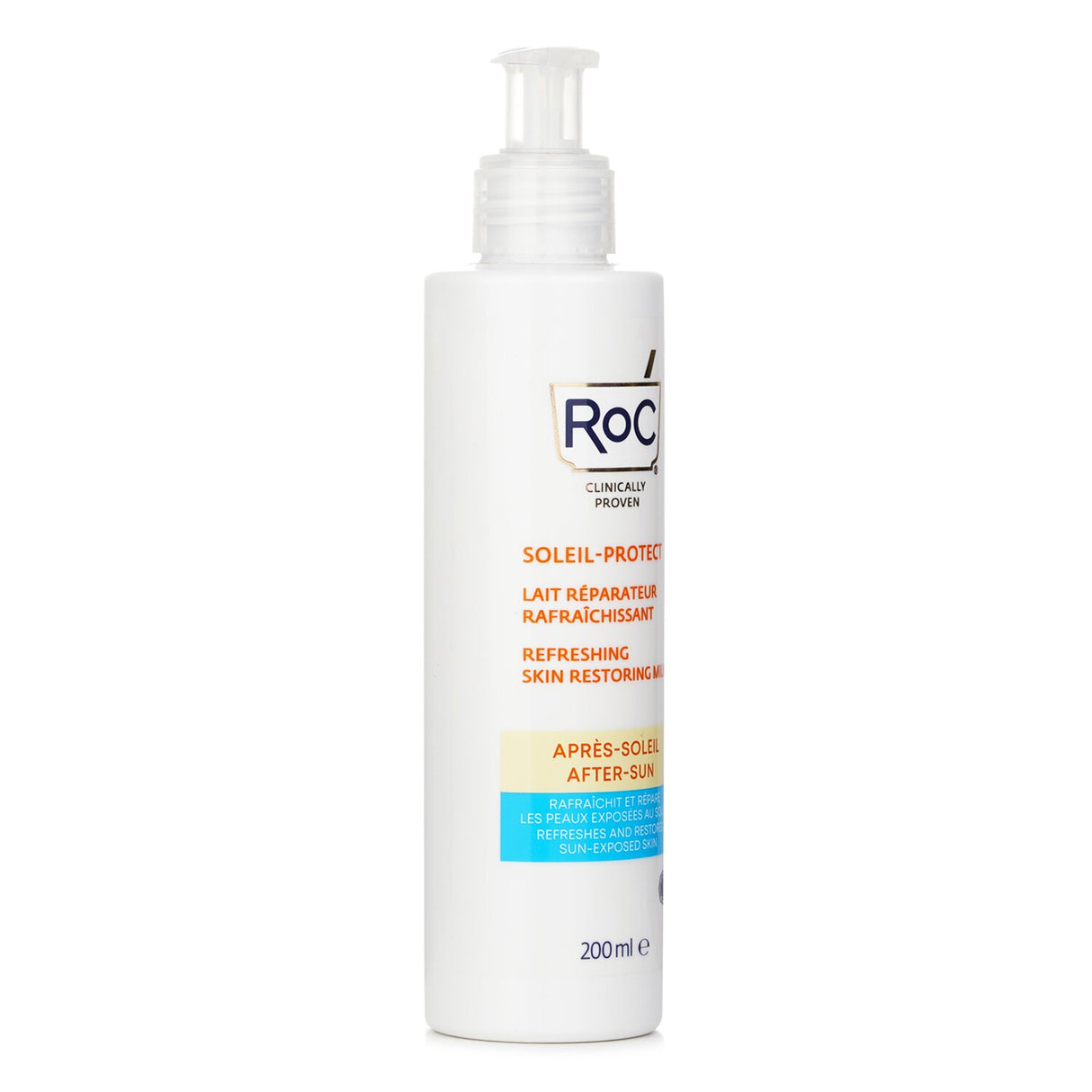 ROC Soleil-Protect after-sun milk in 200ml bottle, revitalizes skin with cooling hydration, suitable for all skin types.