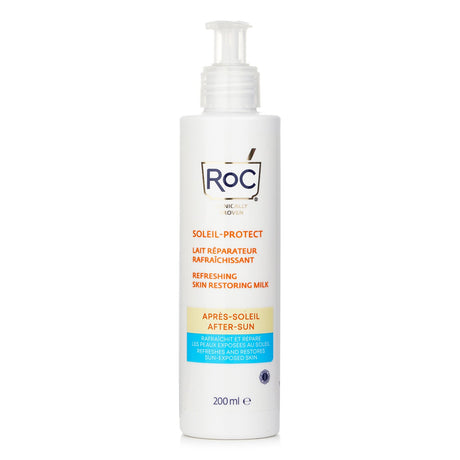 ROC Soleil-Protect Refreshing Skin Restoring Milk in a 200ml bottle, soothing after-sun care for hydrated, revitalized skin.