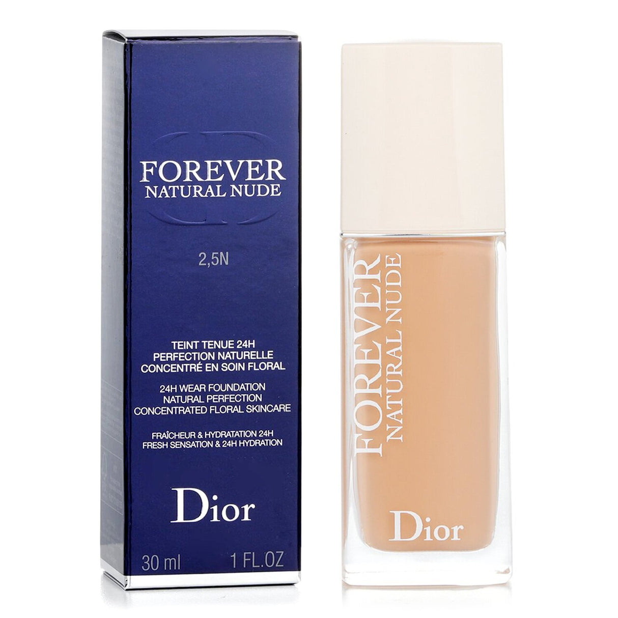 Radiant liquid foundation from Dior, 24-hour wear, 96% natural ingredients, lightweight texture in shade #2.5N Neutral.