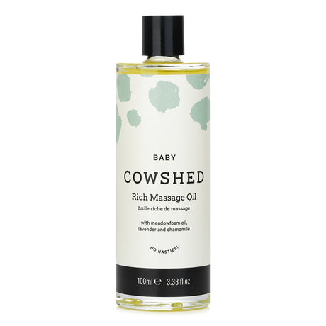 Cowshed Baby Rich Massage Oil bottle showcasing a blend of Lavender, Chamomile, and Meadowfoam for baby's soft skin.