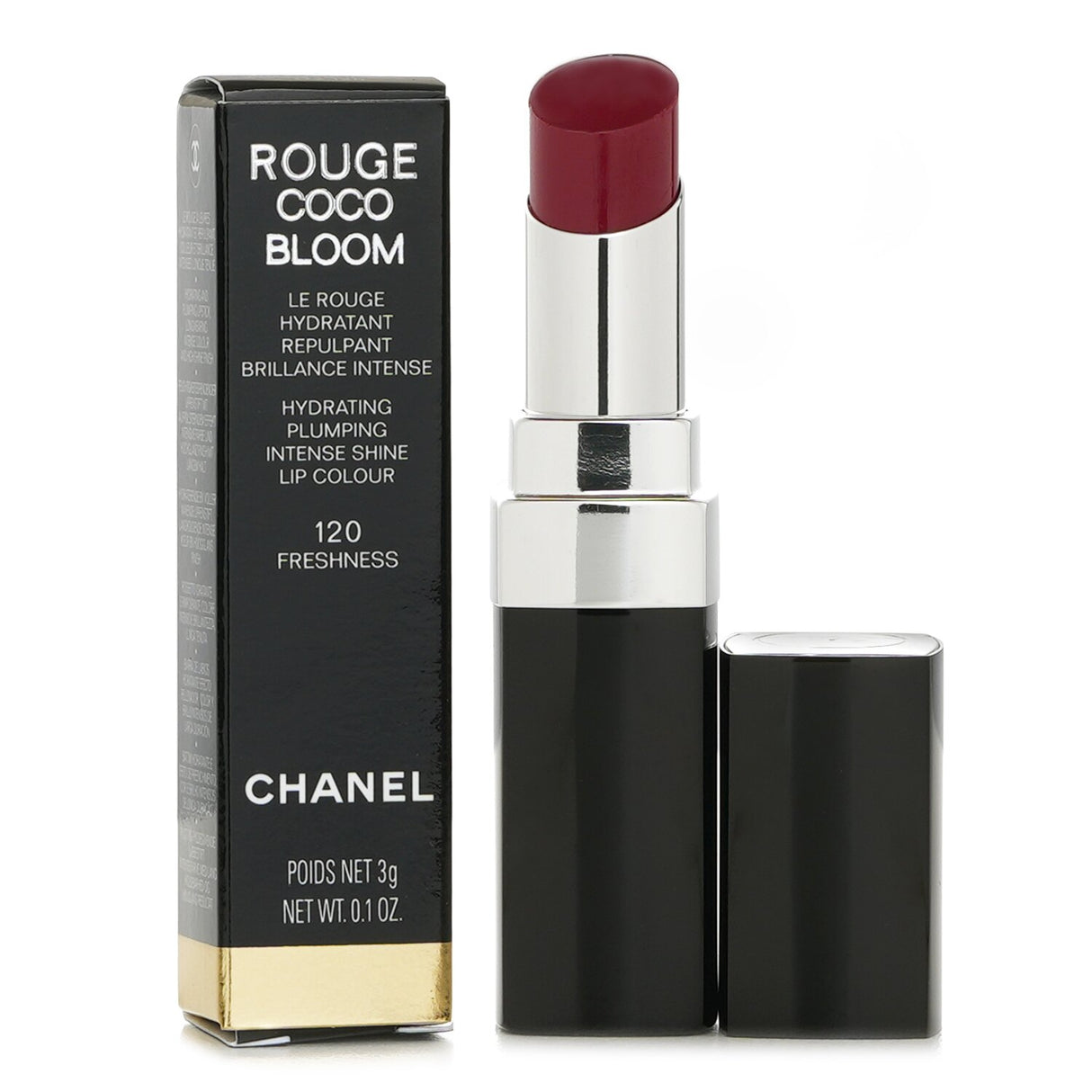 Chanel Rouge Coco Bloom #120 Freshness: hydrating lipstick with vibrant color, intense shine, and innovative two-phase formula.