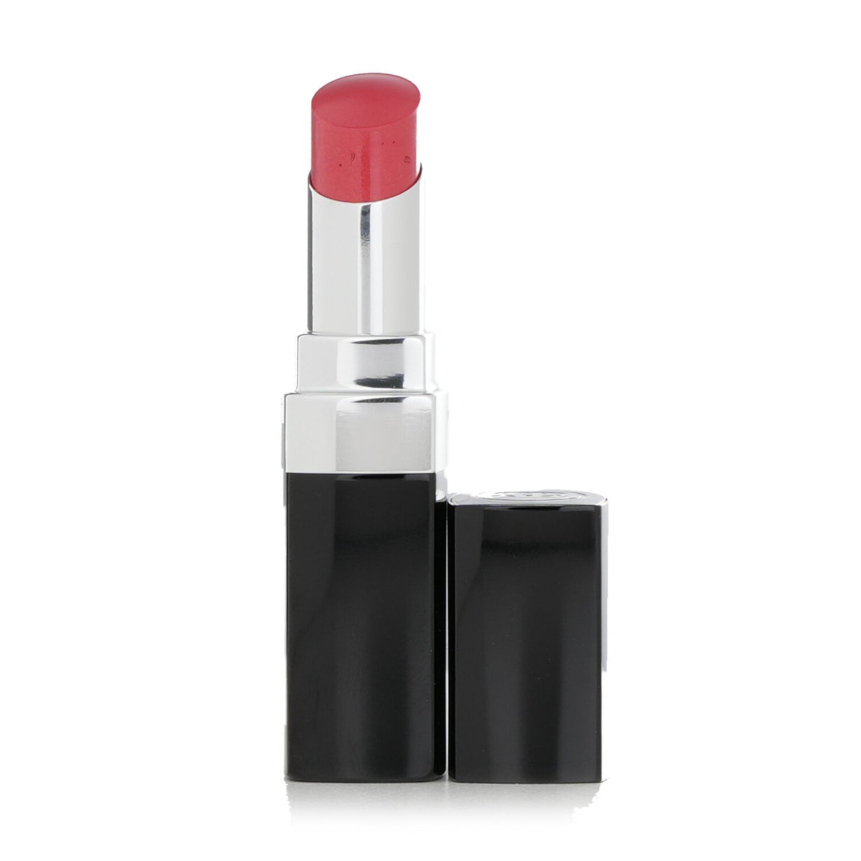 Chanel Rouge Coco Bloom lipstick in #122 Ze, offering hydrating, plumping shine in a stylish transparent case.