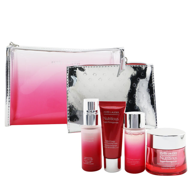 Estee Lauder skincare set featuring pomegranate products for glowing skin, including moisture creme, lotion, and cleansing foam.
