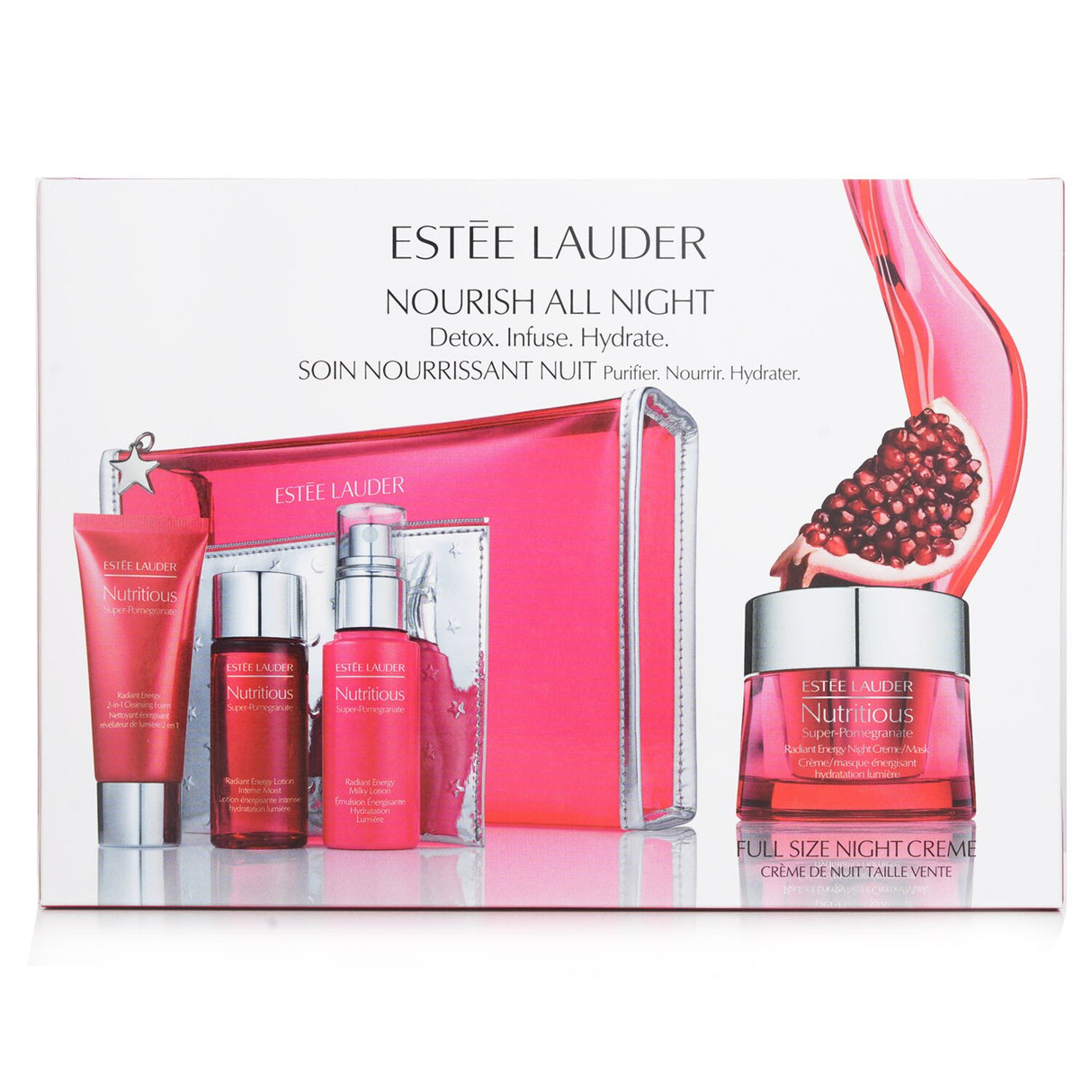 Estee Lauder's Nutritious Super-Pomegranate Nourish Night Set with creme, lotion, and cleansing foam for radiant skin renewal.