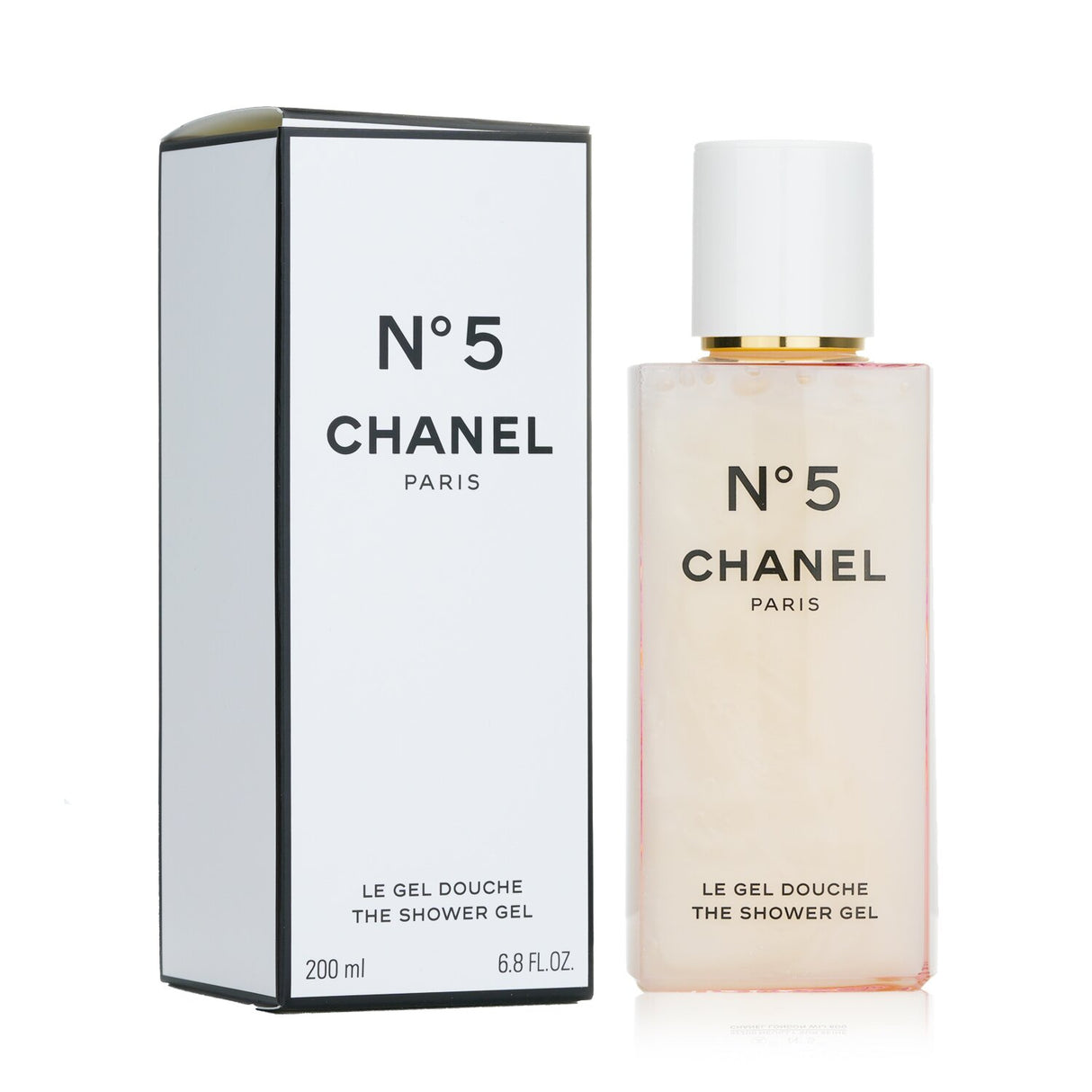 Chanel No.5 The Shower Gel in a pink-tinted bottle, gently cleansing with iconic fragrance for a luxurious bathing experience.