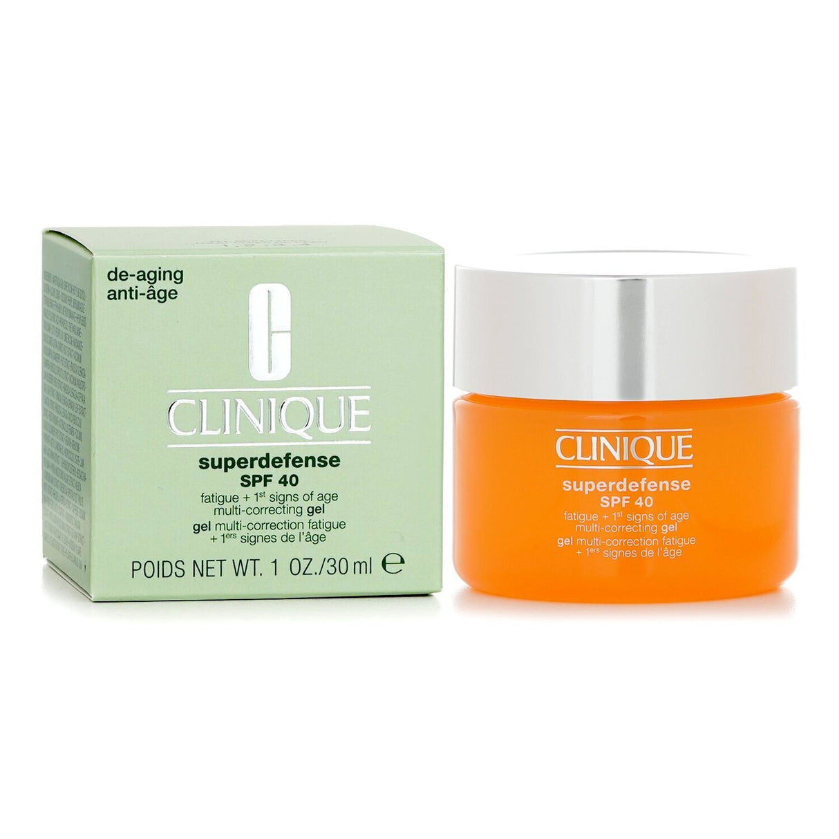 Clinique Superdefense SPF 40 gel, brightens skin, fights fatigue and aging, suitable for all skin types, 30ml size.