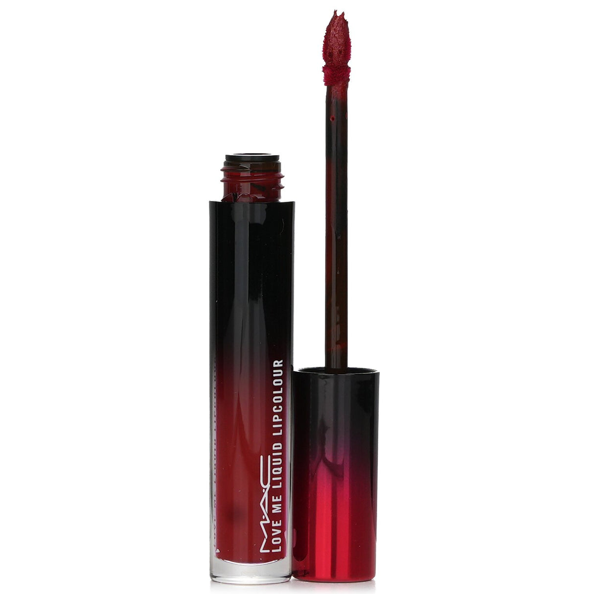 MAC Love Me Liquid Lipcolour #493, a deep burgundy red with a creamy, hydrating formula for long-lasting wear and elegant finish.