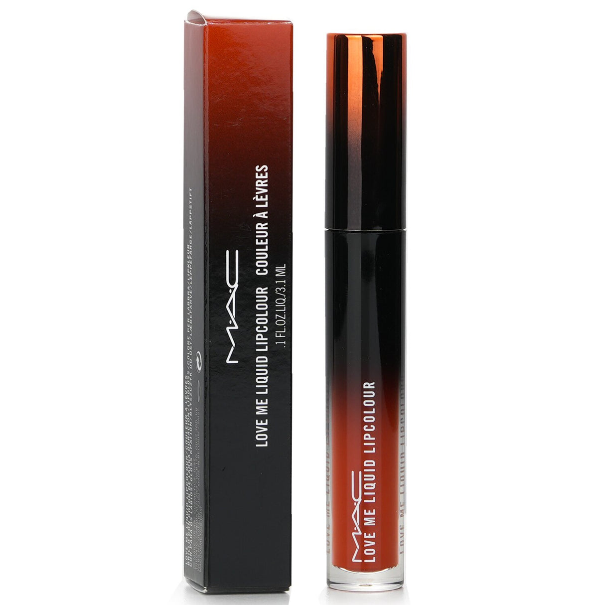 MAC Love Me Liquid Lipcolour in #487 My Lips Are Insured, a vibrant burnt orange with a hydrating, long-lasting formula.