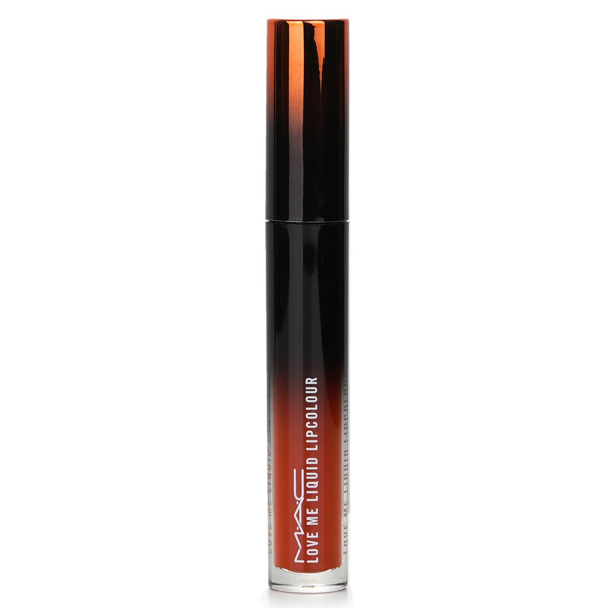 MAC Love Me Liquid Lipcolour in #487 My Lips Are Insured, a vibrant burnt orange with a satin finish and hydrating formula.