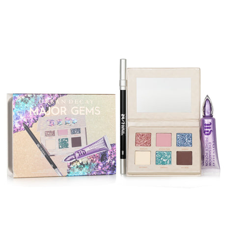 Urban Decay Stoned Vibes Major Gems Set featuring a mini eyeshadow palette, eye pencil, and primer with jewel-toned shades.