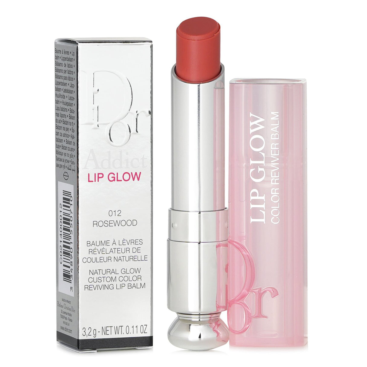 Dior Addict Lip Glow Balm in #012 Rosewood, enhances lip color, hydrates, and includes SPF 10 for sun protection.