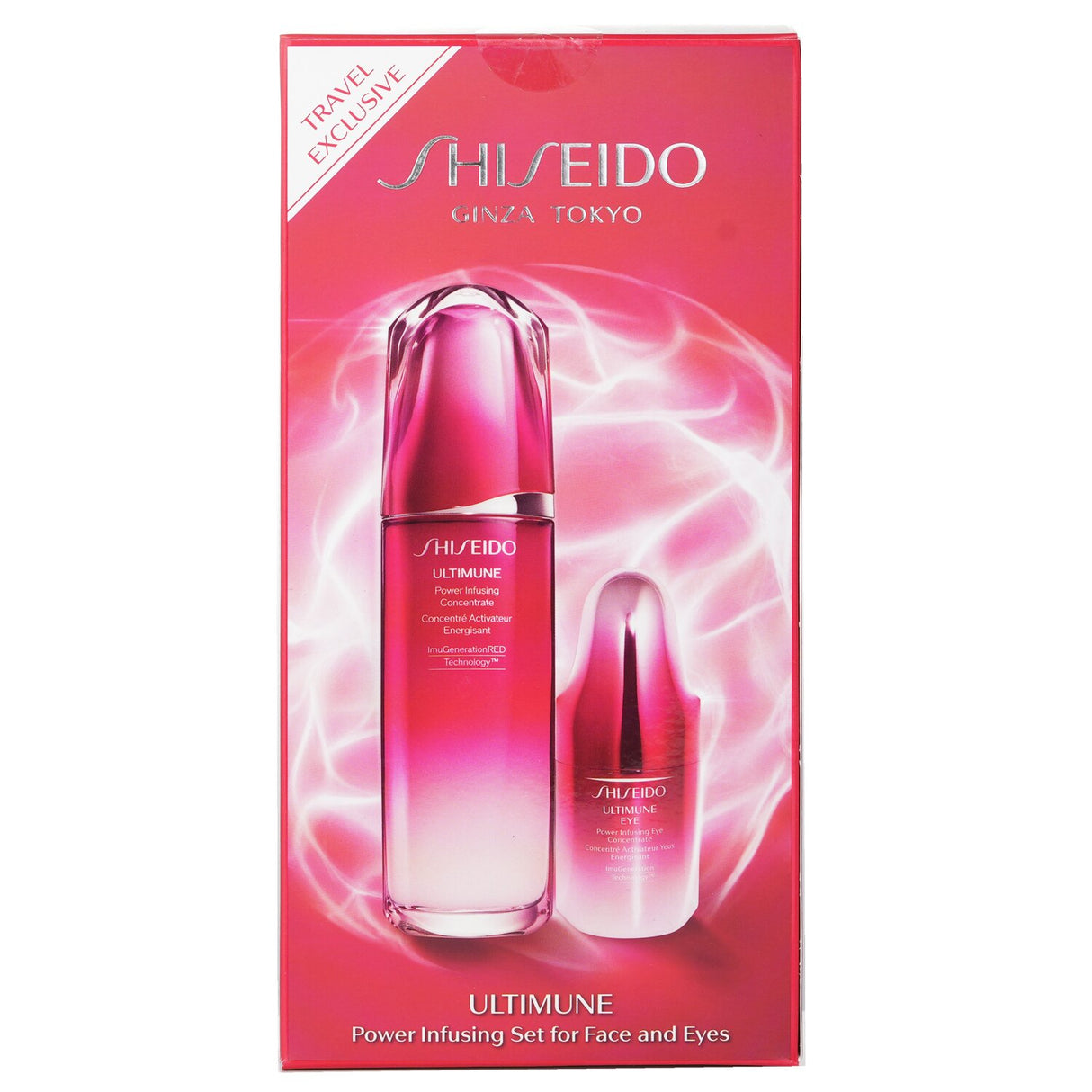 Shiseido Ultimune Power Infusing Set featuring 100ml face concentrate and 15ml eye concentrate for youthful, radiant skin.