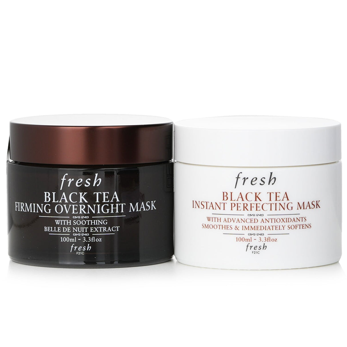 Set of Fresh Black Tea Age-Delay masks for radiant skin: Instant Perfecting and Firming Overnight, 100ml each, for anti-aging benefits.