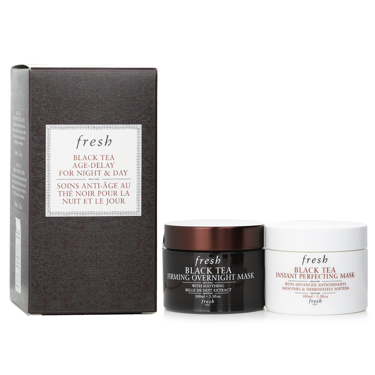 Fresh Black Tea Age-Delay Set featuring Instant Perfecting and Firming Overnight Masks for luxurious anti-aging skincare.