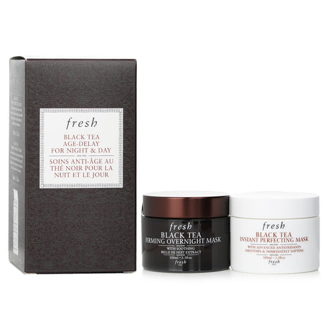 Fresh Black Tea Age-Delay Set featuring Instant Perfecting and Firming Overnight Masks for luxurious anti-aging skincare.