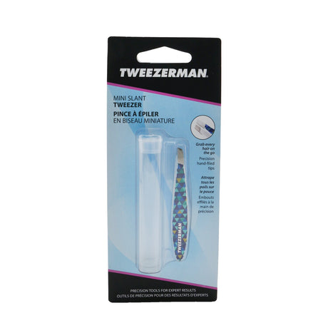 Tweezerman Mini Slant Tweezer in Blue Mosaic, compact and stylish, with slanted tips for precise hair removal on-the-go.