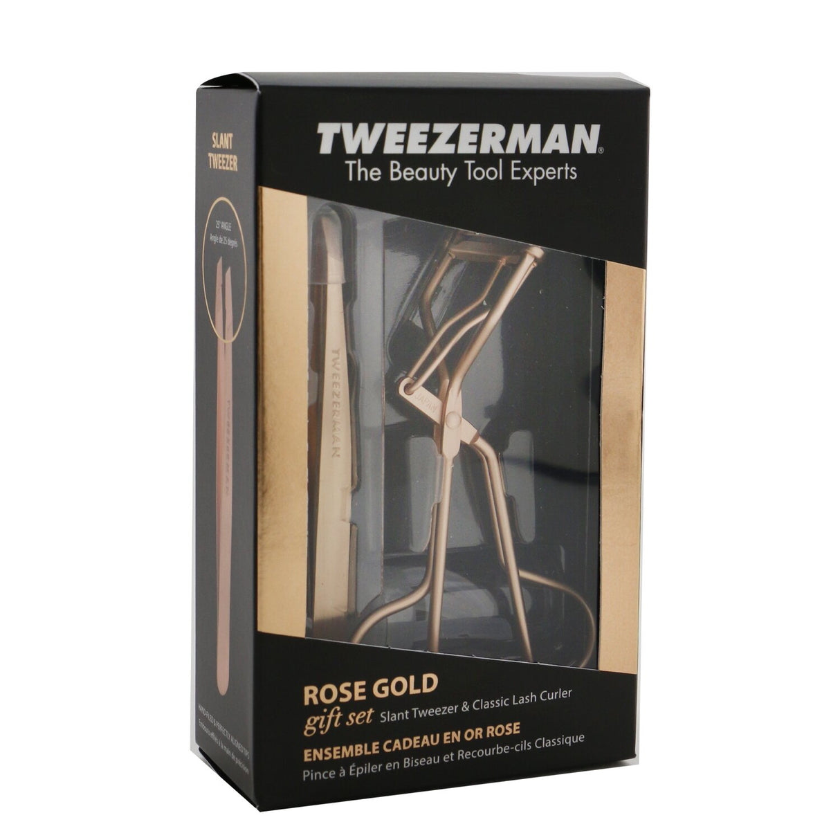 Tweezerman Rose Gold Slant Tweezer and Classic Lash Curler gift set showcasing precision tools for expertly shaped brows and stunning curls.