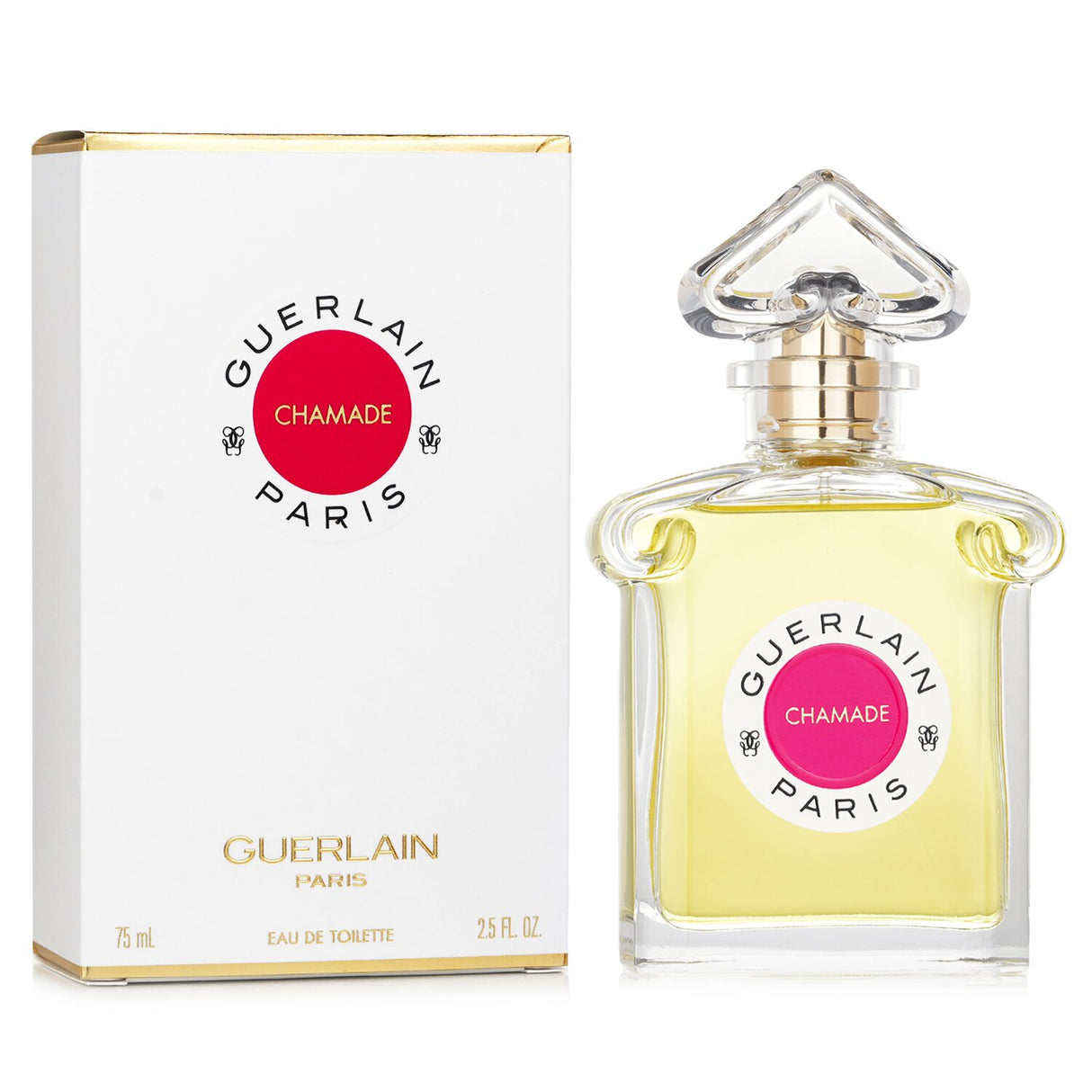 Guerlain Chamade Eau De Toilette in an elegant inverted heart bottle, featuring a rich oriental floral fragrance for modern women.