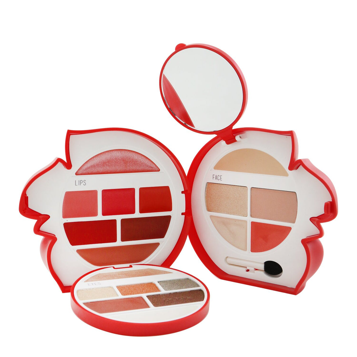 Makeup kit featuring highlighters, concealer, blushes, eyeshadows, lip creams, and gloss in a compact for versatile beauty looks.