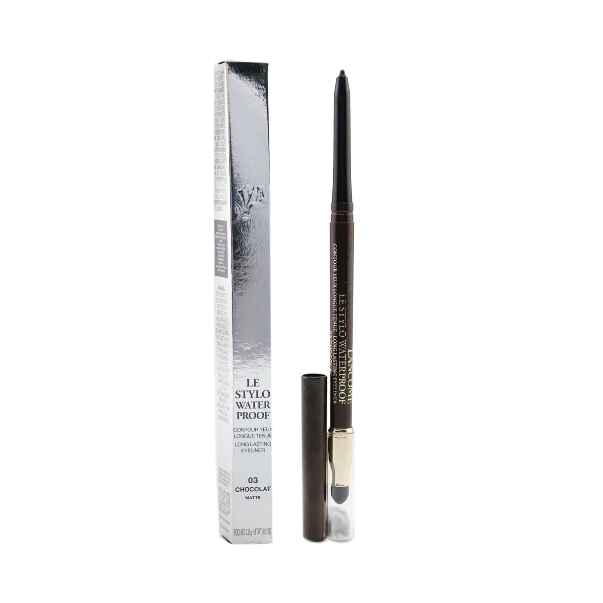 Lancôme Le Stylo Waterproof Eyeliner in matte chocolate, featuring a twist-tip design for easy, smudge-proof application.