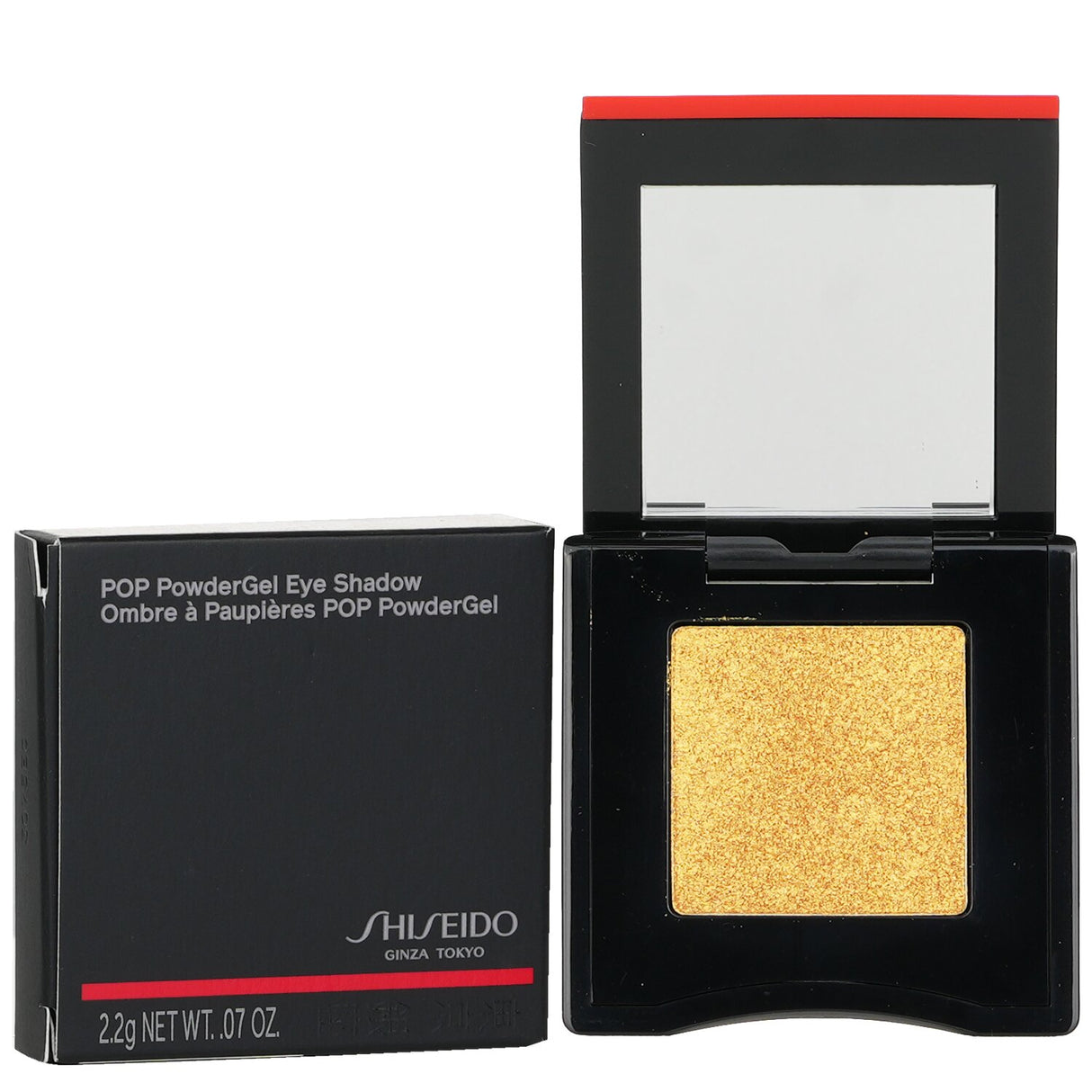 Shiseido's POP PowderGel Eye Shadow in #13 Kan-Kan Gold, showcasing a versatile gold shade for matte, shimmer, or sparkle finishes.