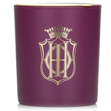 Elegant burgundy glass candle housing sunshine yellow wax, releasing a refreshing rose scent for a serene ambiance.