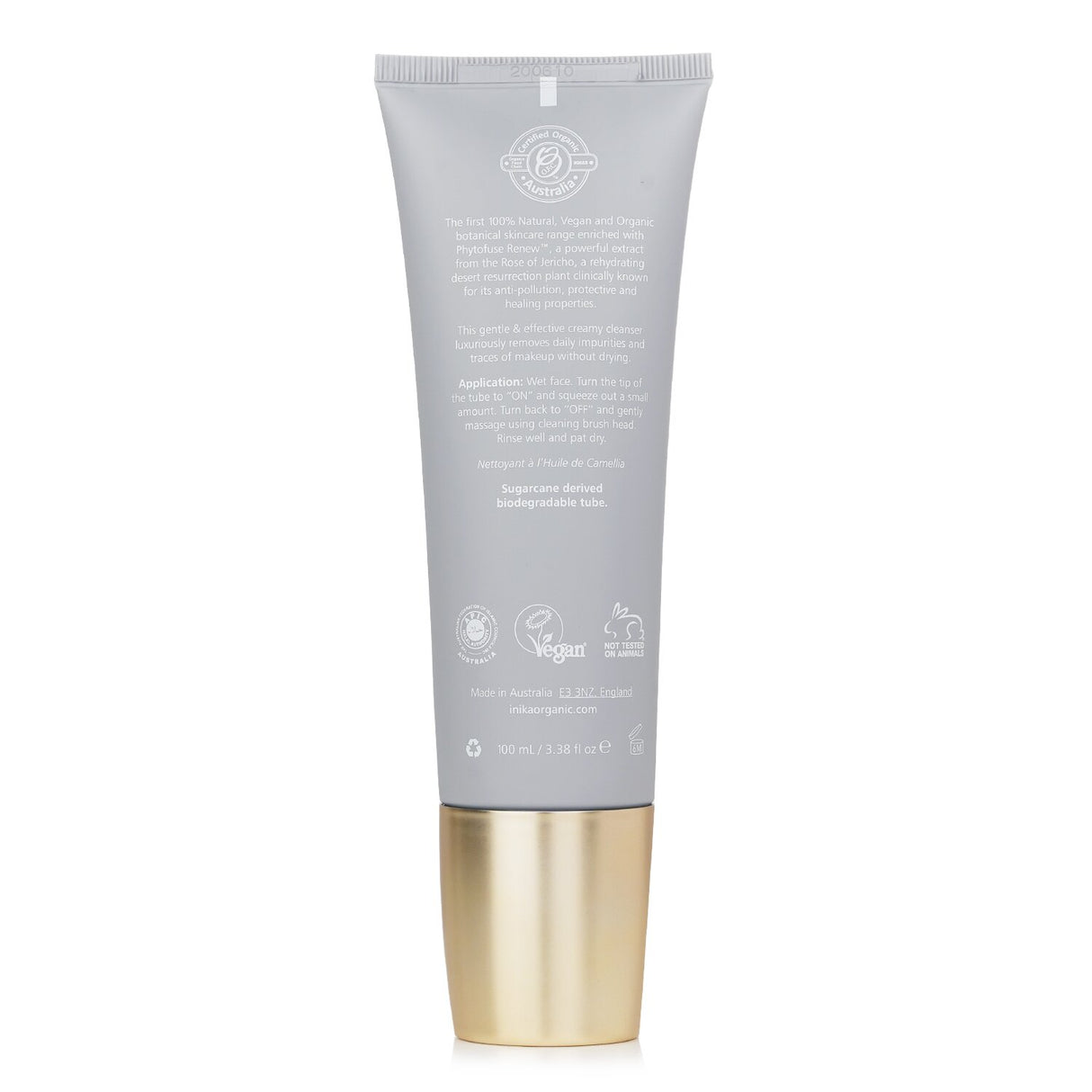 Luxurious 100ml INIKA Organic cleanser with silicone brush, infusing skin with Camellia Oil and nourishing Shea Butter.
