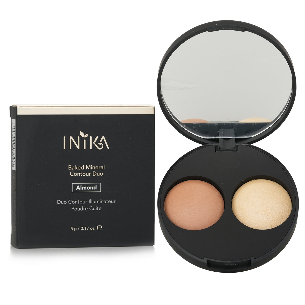 Baked Mineral Contour Duo in Almond featuring a champagne highlight and contour powder, nourishing and organic for a sculpted look.