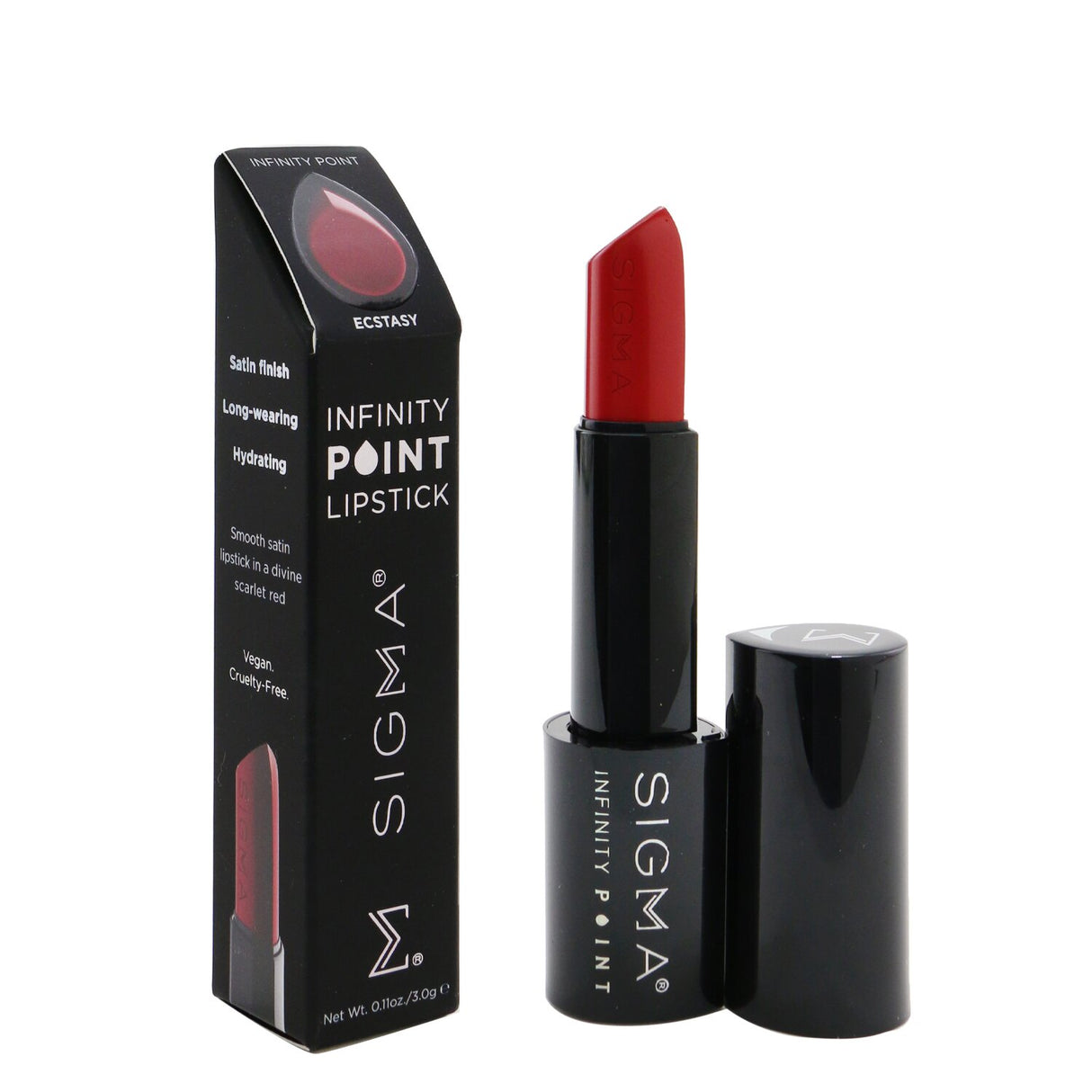 Sigma Beauty Infinity Point Lipstick in #Ecstasy, a vegan, hydrating lipstick with precise application and a satin finish.