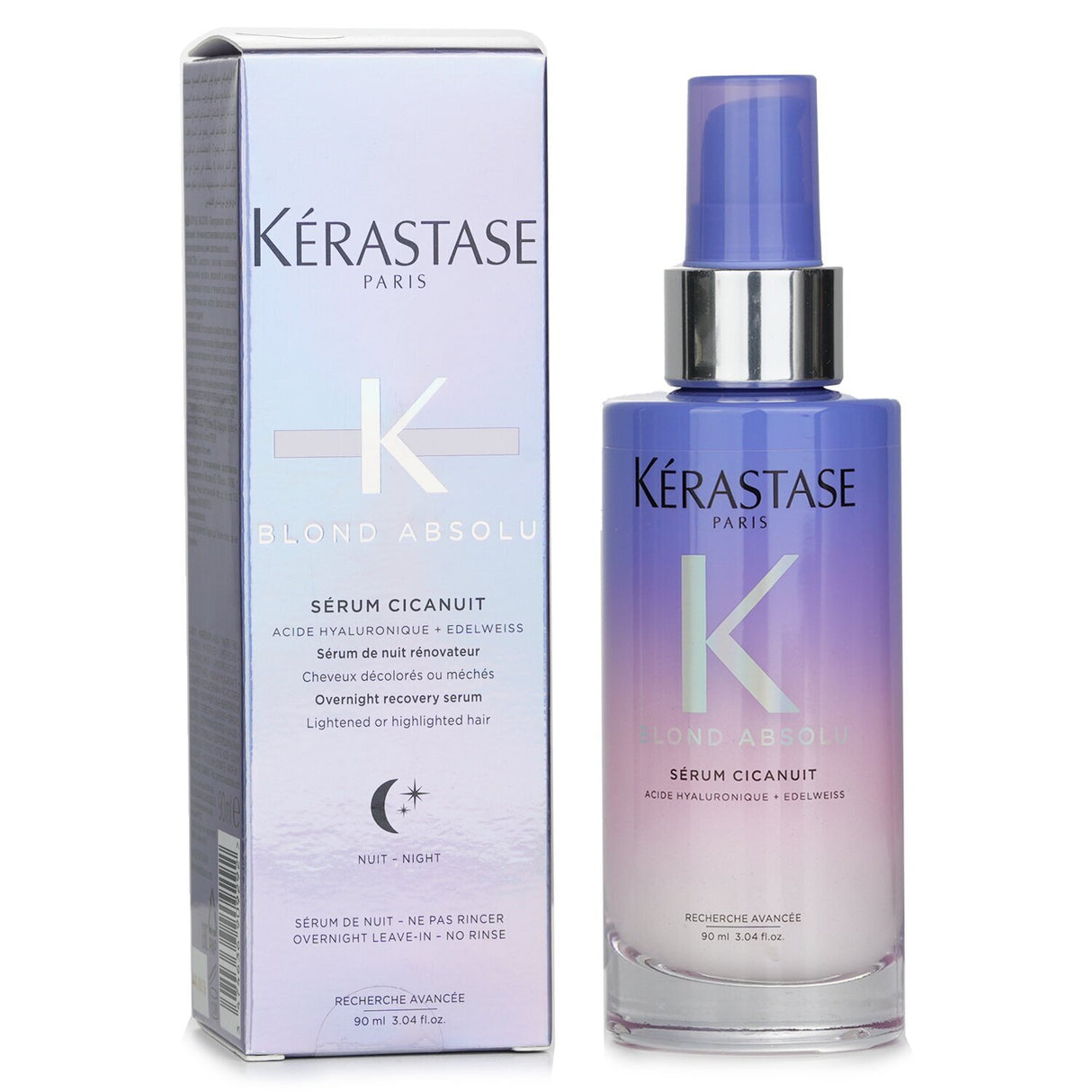 Kerastase Blond Absolu Serum for overnight recovery, enriched with Hyaluronic Acid and Edelweiss for vibrant, healthy blonde hair.