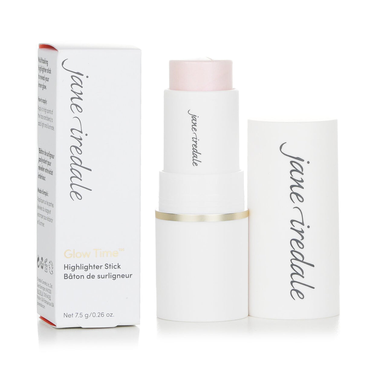 Jane Iredale Glow Time Highlighter Stick in Cosmos, a pearlescent pink for fair skin, enhances cheeks, lips, and body.