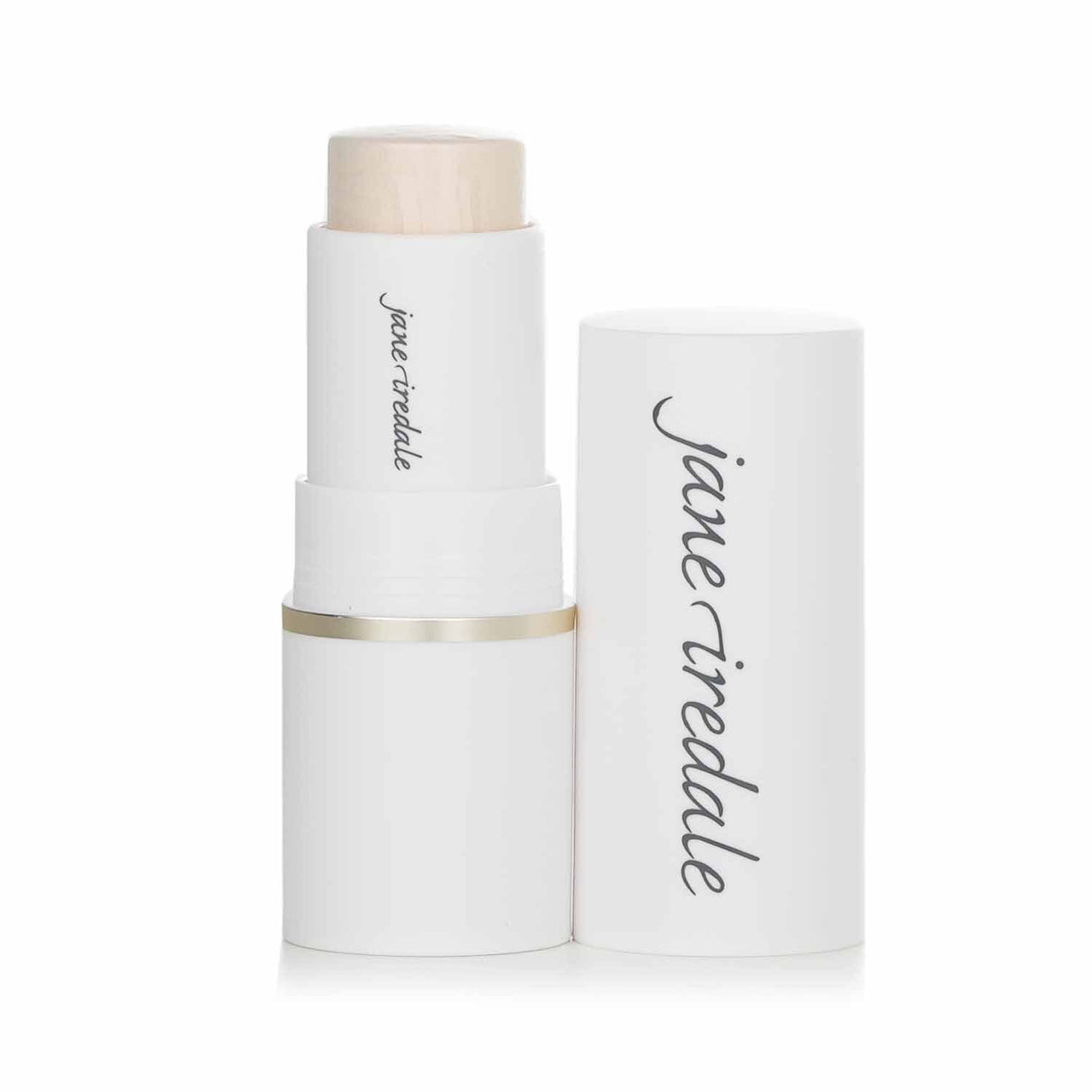 Iridescent champagne highlighter stick by Jane Iredale for a radiant glow on cheeks, lips, and body; creamy and buildable formula.