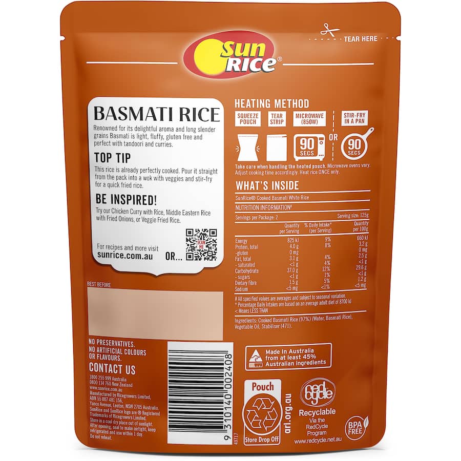 Sunrice Microwave Rice Indian Basmati Pouch 250g