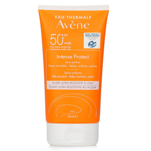 Avene Intense Protect SPF 50 sunscreen for sensitive skin, safe for all ages, water-resistant, and leaves no white residue.
