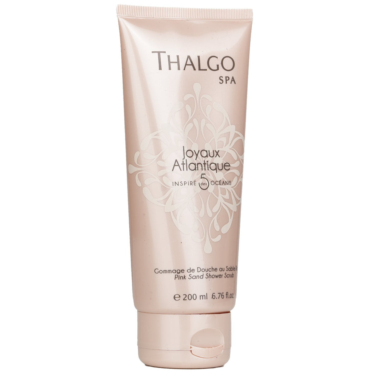 Thalgo pink sand shower scrub combines exfoliating pink sand and white quartz for soft, radiant skin.