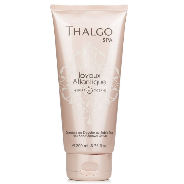 Thalgo Pink Sand Shower Scrub: a blush-hued exfoliant for soft, radiant skin with energizing algae and quartz crystals.