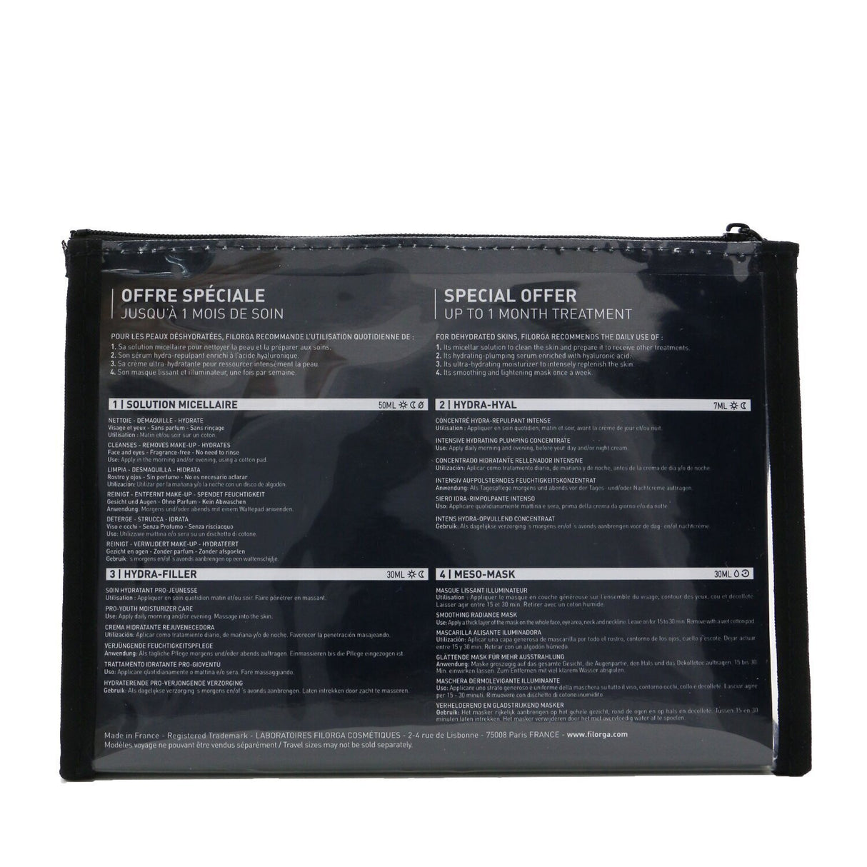 Filorga Intense Hydration Set features Micellar Solution, Hydra-Hyal Serum, Hydra-Filler Moisturizer, and Meso Mask for radiant skin.