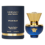 Versace Dylan Blue Eau De Parfum Spray 30ml, a floral fruity woody scent with notes of blackcurrant, rose, and patchouli.