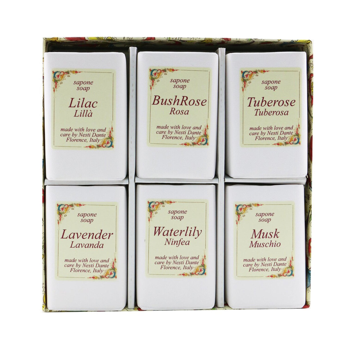 Nesti Dante Floral Notes Soap Set featuring six luxurious 100g bars in lilac, bush rose, tuberose, lavender, waterlily, and musk.