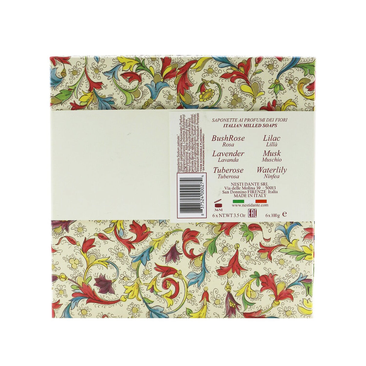 Nesti Dante Floral Notes Soap Set featuring six 100g bars, showcasing lilac, rose, tuberose, lavender, waterlily, and musk.