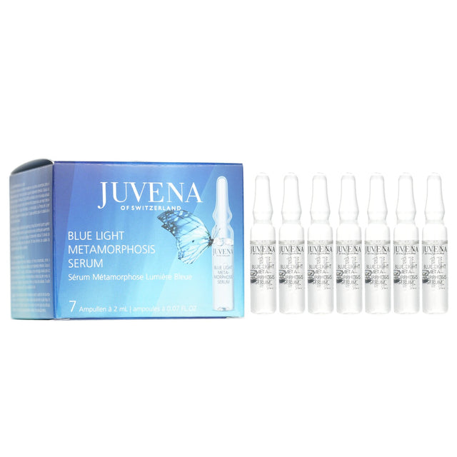 Juvena Blue Light Metamorphosis Serum, a 7x2ml skincare booster for combating digital skin aging and enhancing hydration.