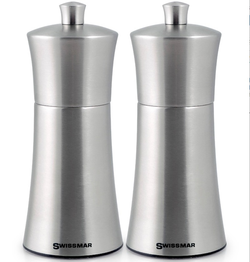 Elegant stainless steel salt and pepper mill set, 15cm, featuring adjustable grinder for customized spice coarseness.