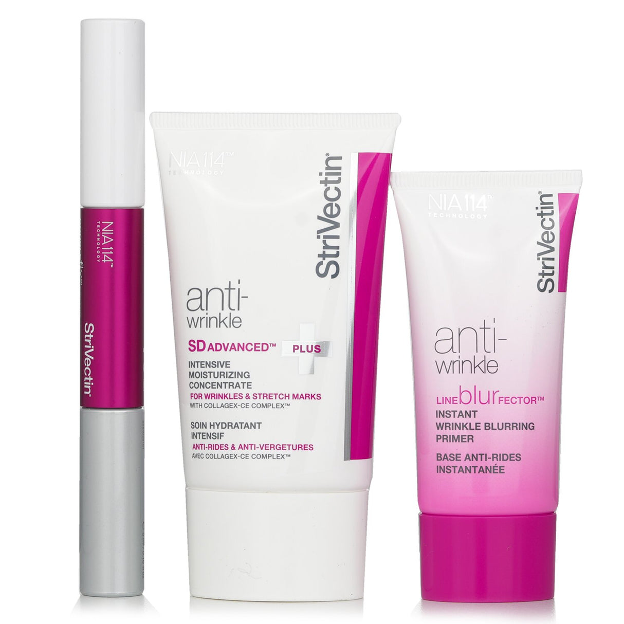 StriVectin Smart Smoothers Trio Set includes 3 anti-aging products for youthful skin: moisturizing concentrate, blurring primer, and lip treatment.