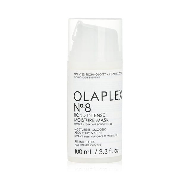 Olaplex No. 8 Bond Intense Moisture Mask in a 100ml jar restores damaged hair with intense moisture and shine, cruelty-free formula.