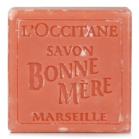 L'Occitane Bonne Mere Soap in Rhubarb Basil, a 100g aromatic cleansing bar with nourishing vegetable oils and a fruity scent.