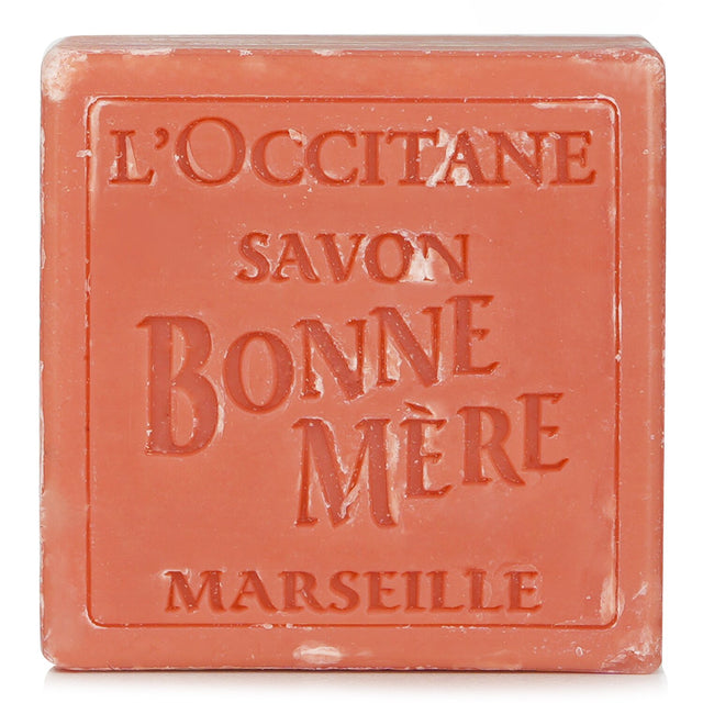 L'Occitane Bonne Mere Soap in Rhubarb Basil, a 100g aromatic cleansing bar with nourishing vegetable oils and a fruity scent.