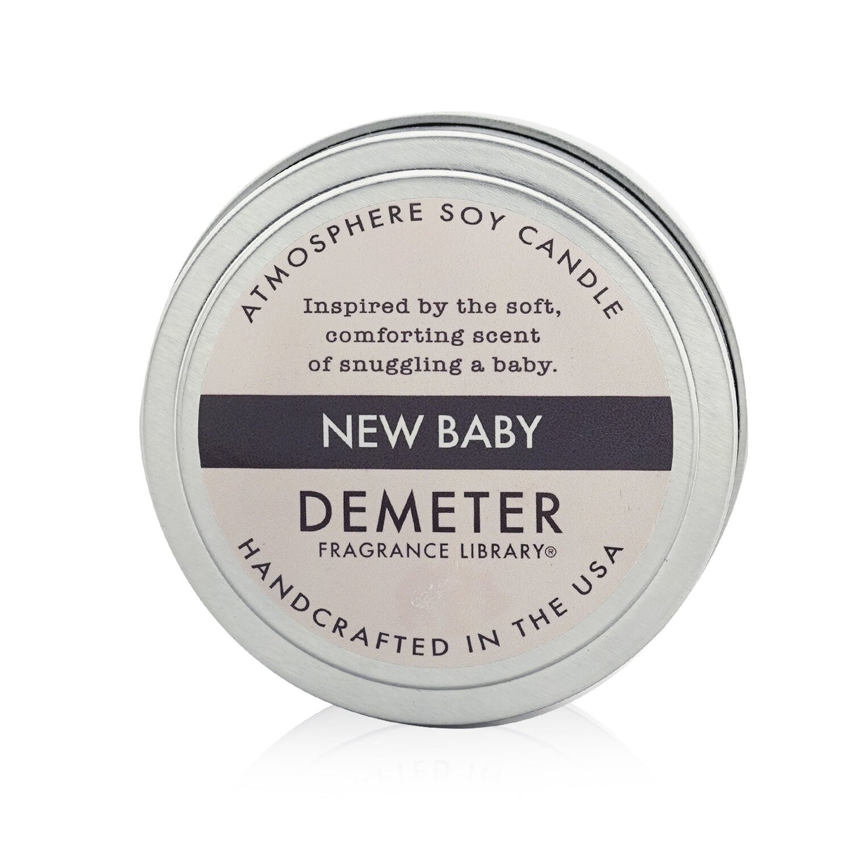 Demeter Atmosphere Soy Candle in New Baby scent, 170g, handcrafted for a calming, inviting ambiance, ideal for nurseries.