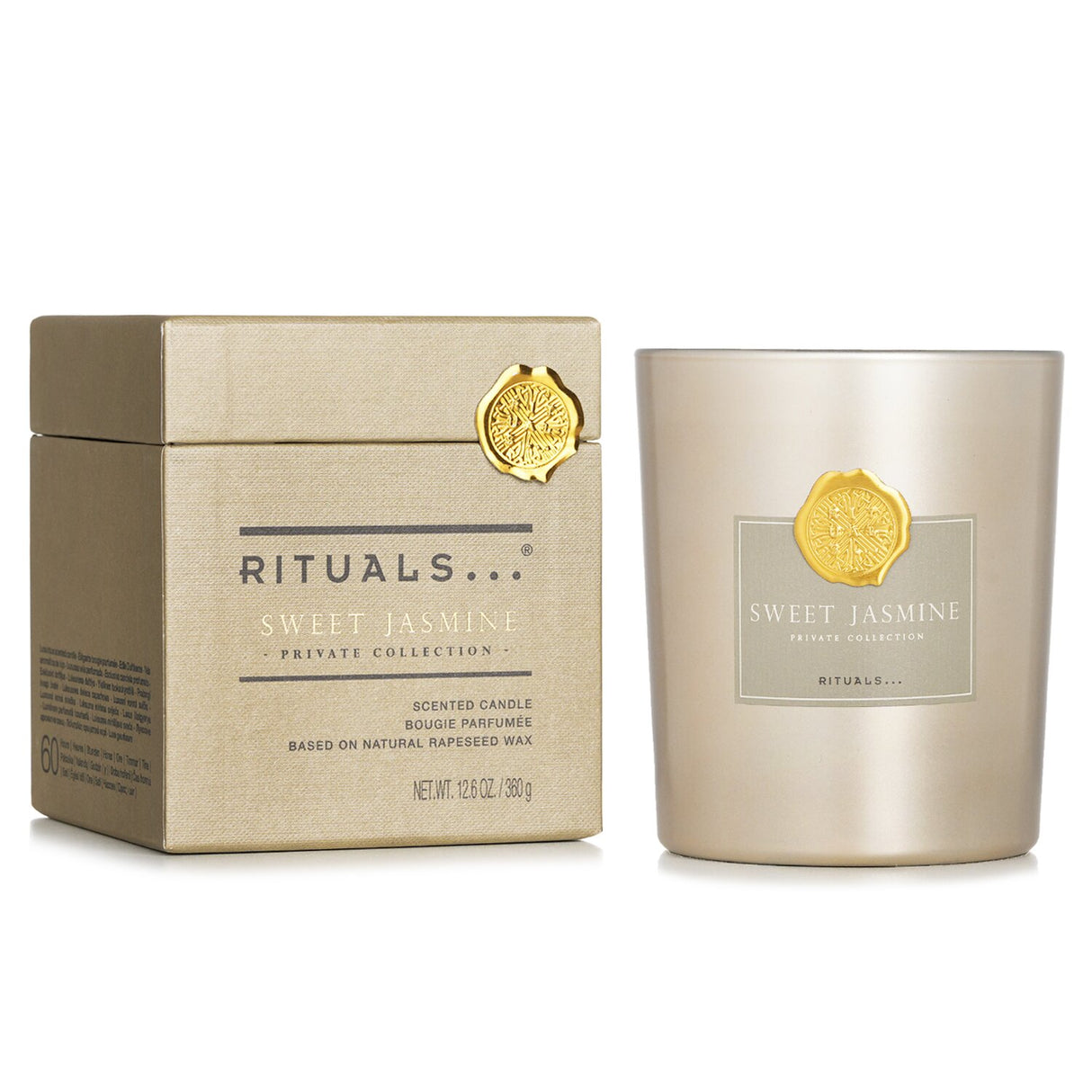 Luxury scented candle in champagne jar, 70% natural wax, Sweet Jasmine fragrance for calm ambiance, burns 60 hours.